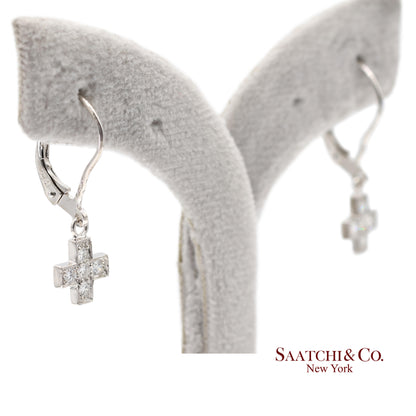 18K 750 Solid White Gold Natural Diamond Drop Hanging Cross Shape Earrings