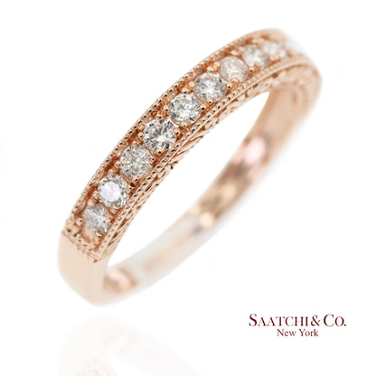 14K 585 Solid Rose Gold Side Engraving Natural Diamond Band Ring