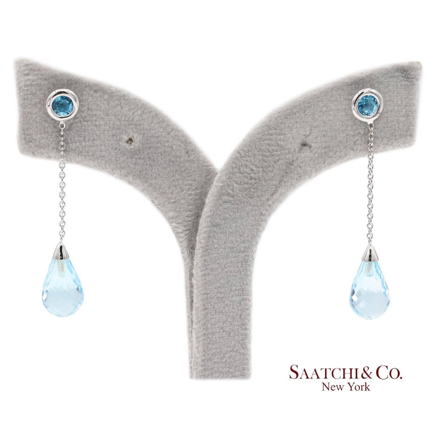 18K 750 Solid White Gold Blue Topaz Drop Earrings