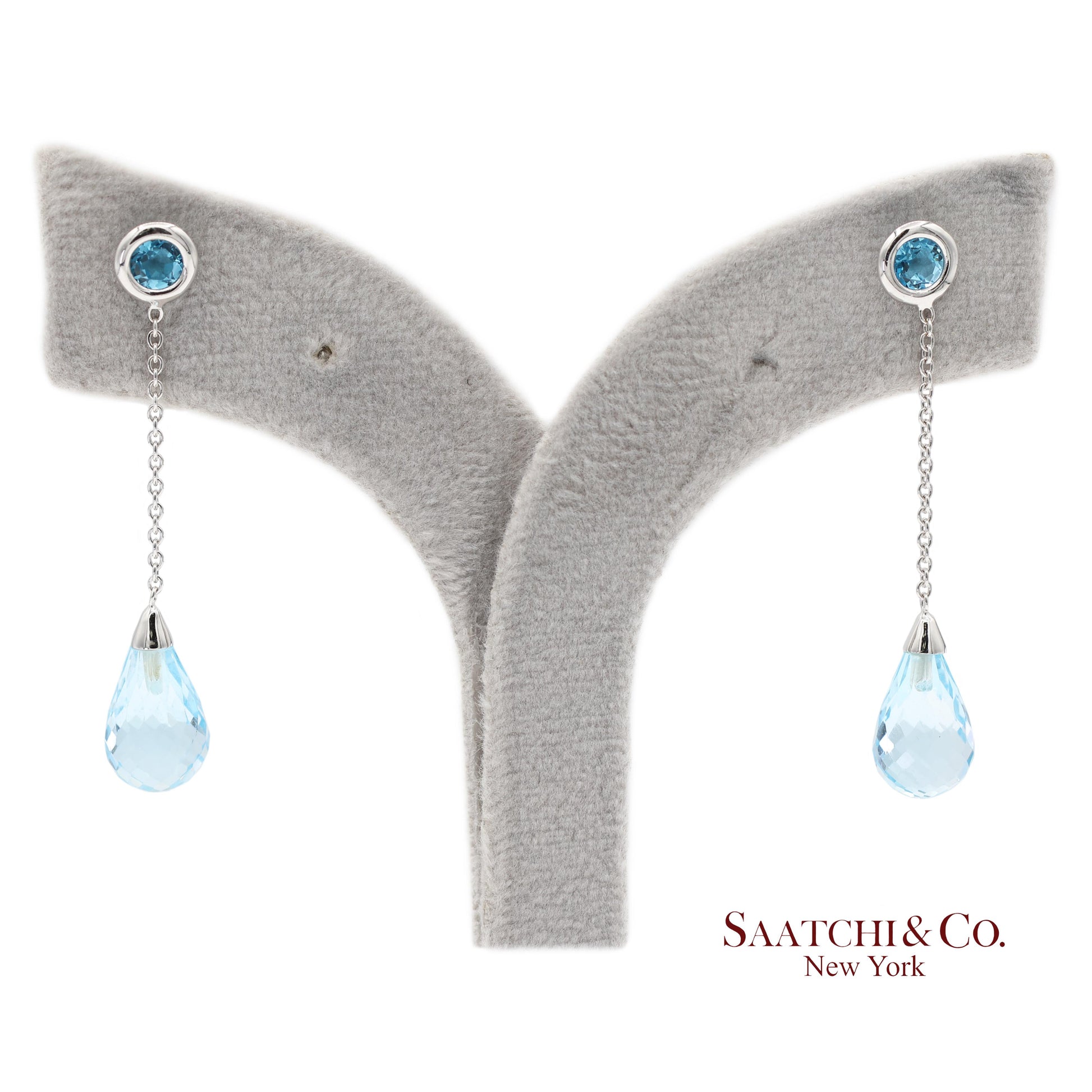 18K 750 Solid White Gold Blue Topaz Drop Earrings