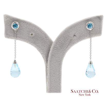 18K 750 Solid White Gold Blue Topaz Drop Earrings