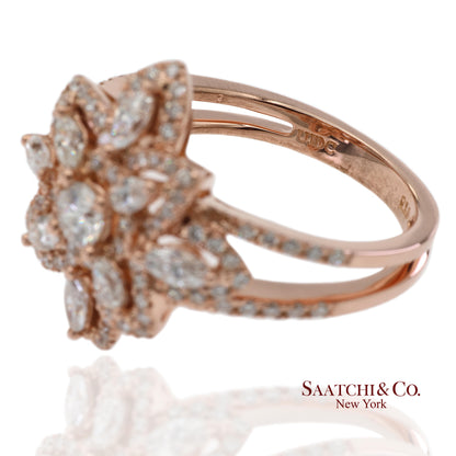 18K 750 Solid Rose Gold Floral Natural Diamond Ring