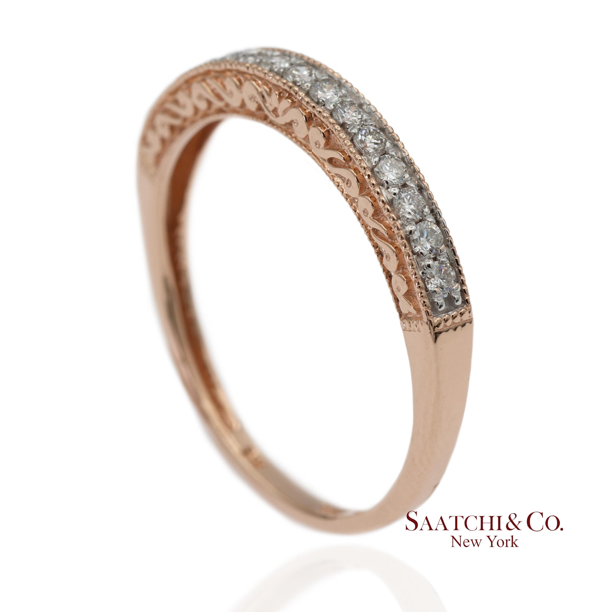 14K 585 Solid Rose Gold Engraving and Milgrain Natural Diamond Band Ring