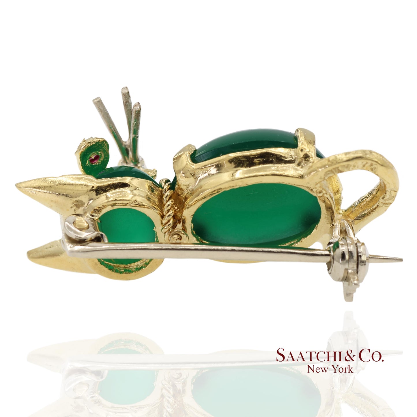 18K 750 Solid Yellow Gold Natural Ruby Eyes & Green Gemstones Cat Pin Brooch