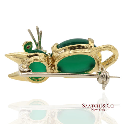 18K 750 Solid Yellow Gold Natural Ruby Eyes & Green Gemstones Cat Pin Brooch