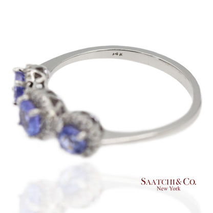 0.40 ct Natural Diamond and 0.80 ct Tanzanite 14K White Gold 3-Stone Ring