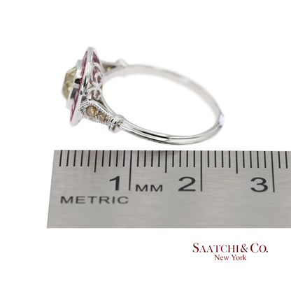 GIA Certified 18K 750 Solid White Gold Natural Diamond and Ruby Engagement Ring