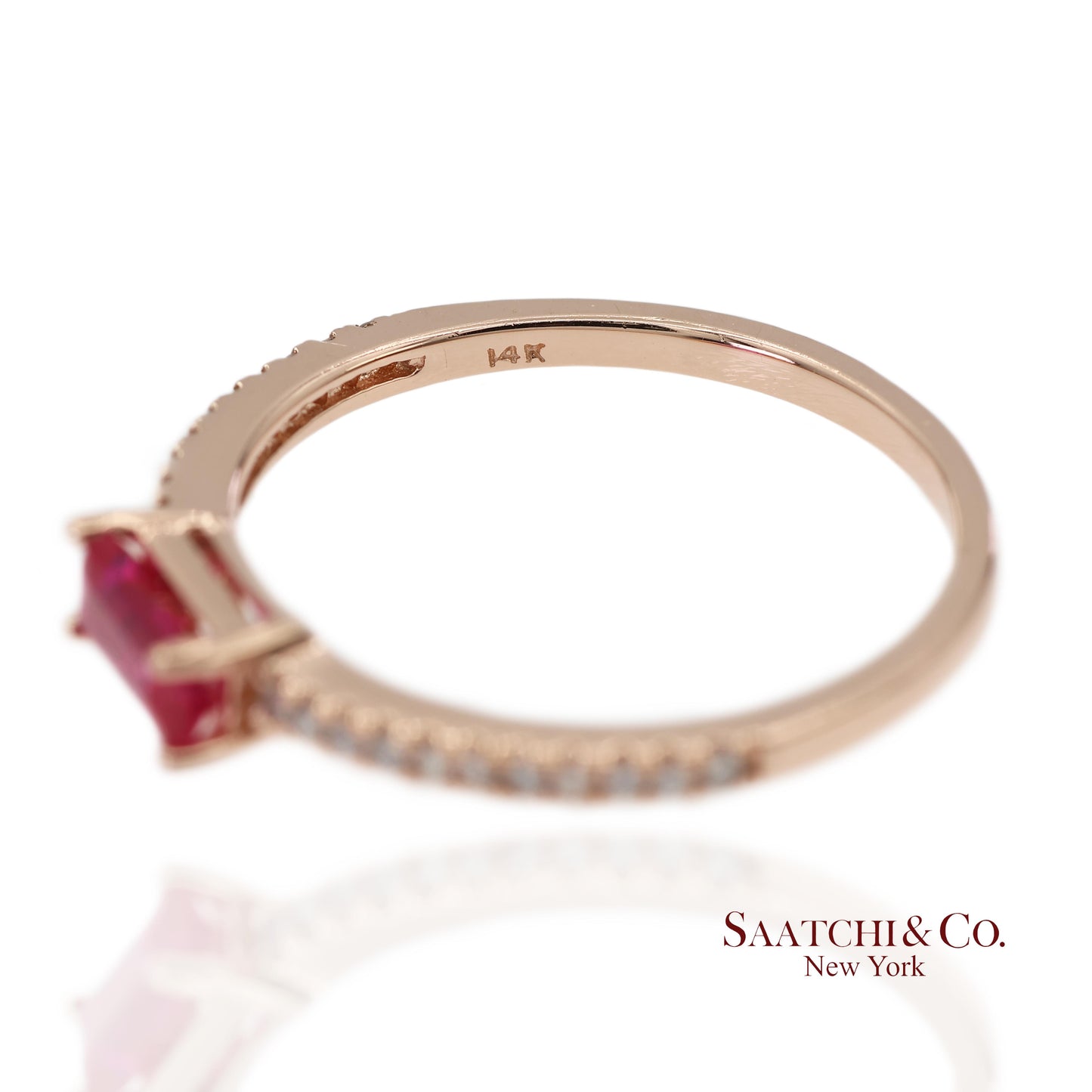 14K 585 Solid Rose Gold Pink Baguette Cut Stone and Natural Diamond Ring