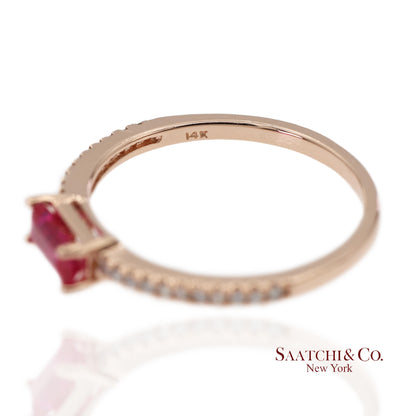 14K 585 Solid Rose Gold Pink Baguette Cut Stone and Natural Diamond Ring