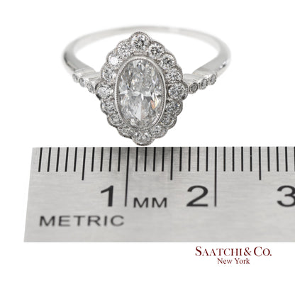 Vintage Platinum 900 Natural Diamond Milgrain Oval Shape Engagement Band Ring