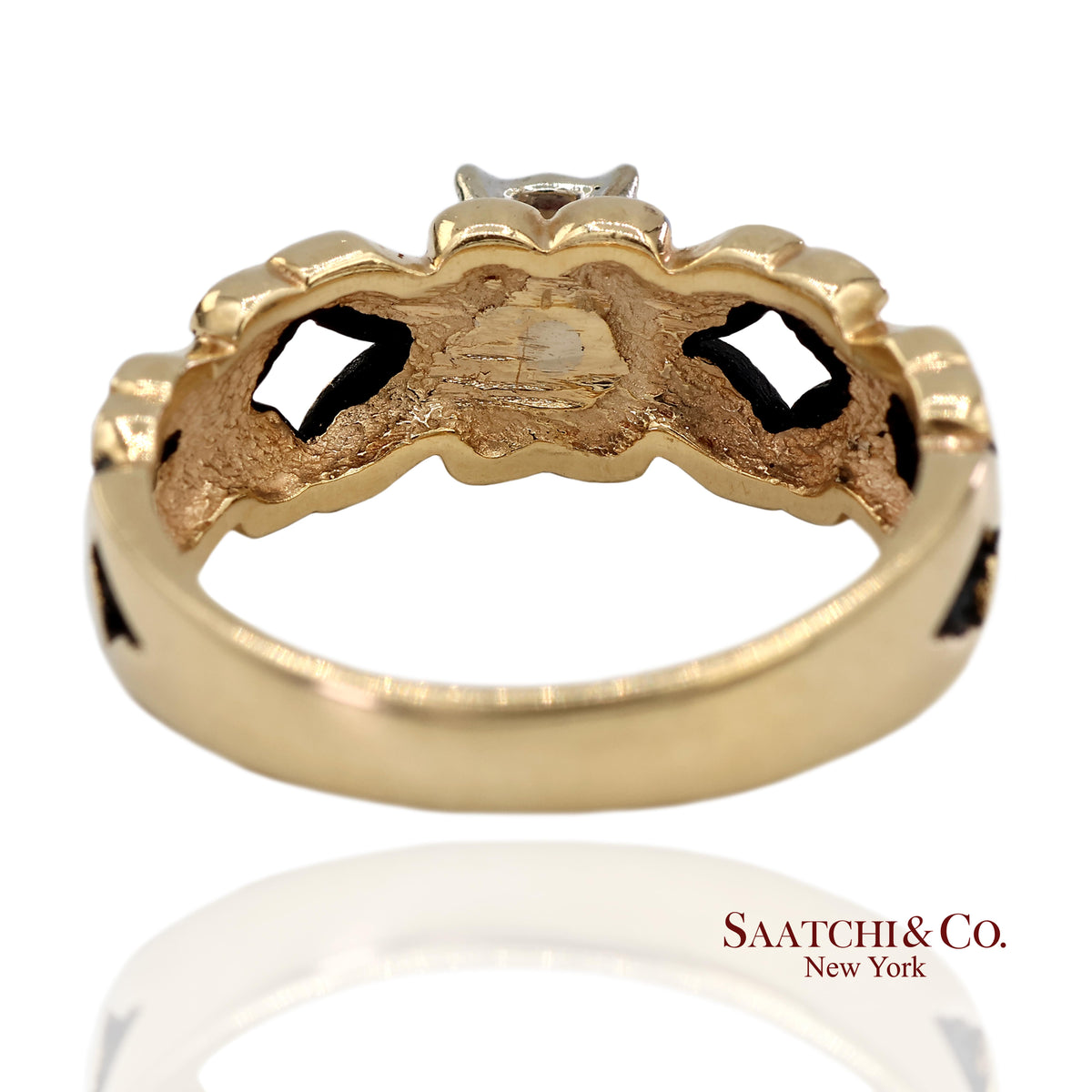 0.13 Ct Natural Diamond 14K Yellow Gold Openwork Scroll Design Ring
