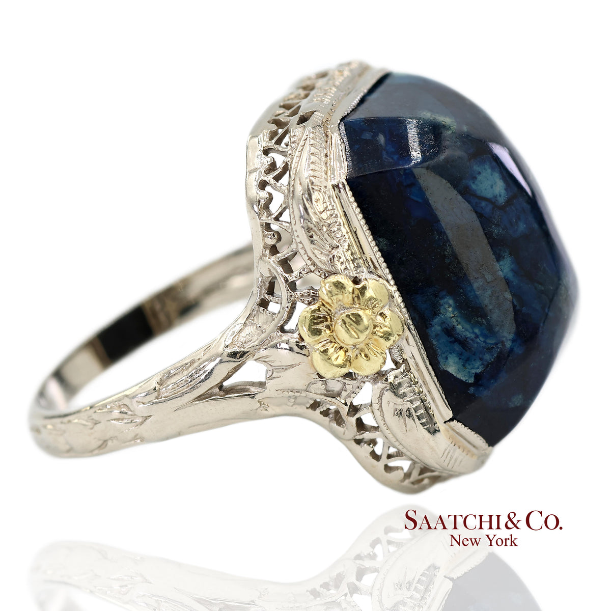 Vintage 14K Two Tone Yellow and White Gold Blue Stone Ornate Floral Motif Ring