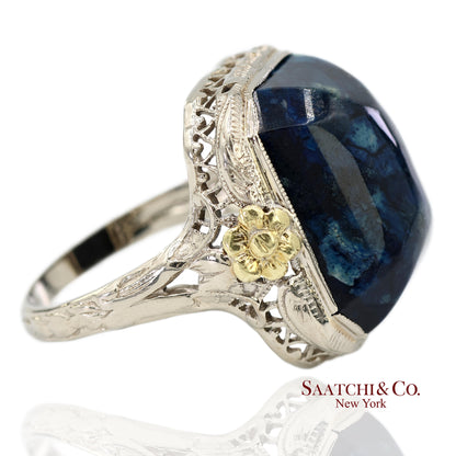 Vintage 14K Two Tone Yellow and White Gold Blue Stone Ornate Floral Motif Ring