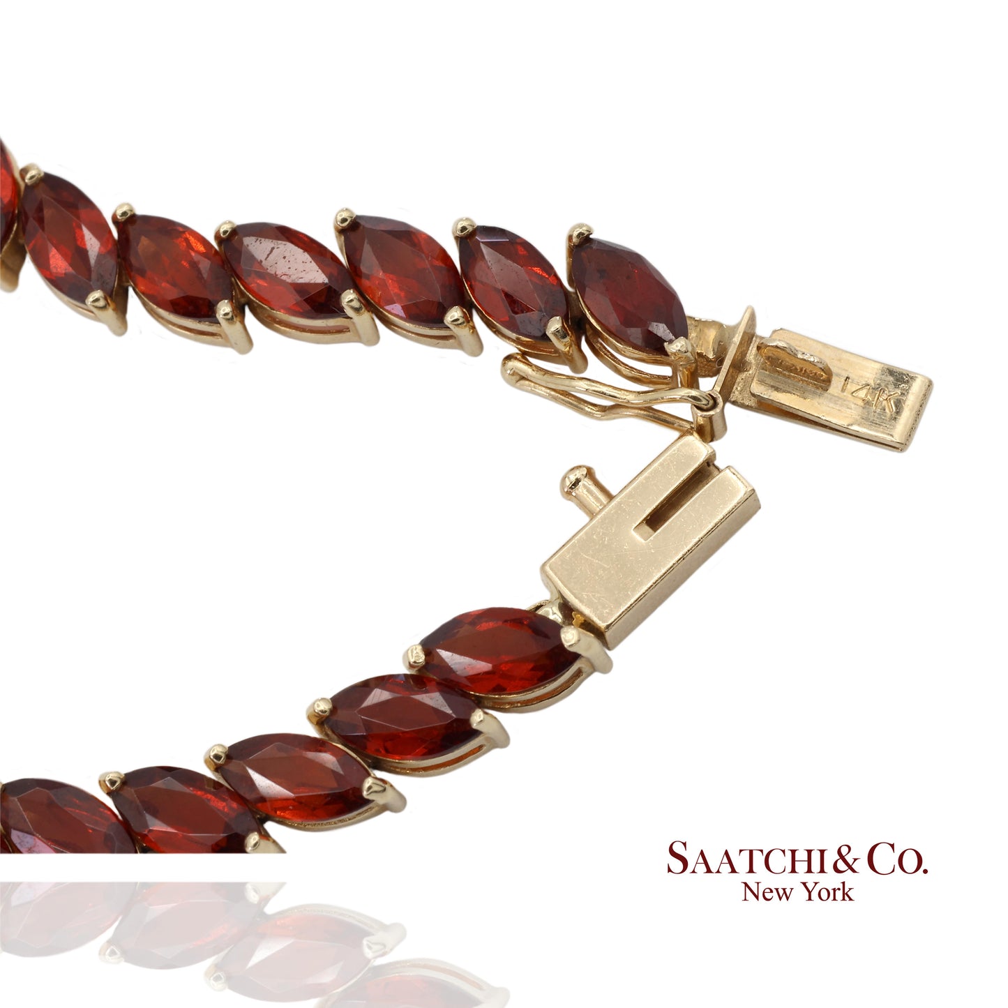 Vintage 14K 585 Solid Yellow Gold Red Garnet Marquise Cut Tennis Bracelet