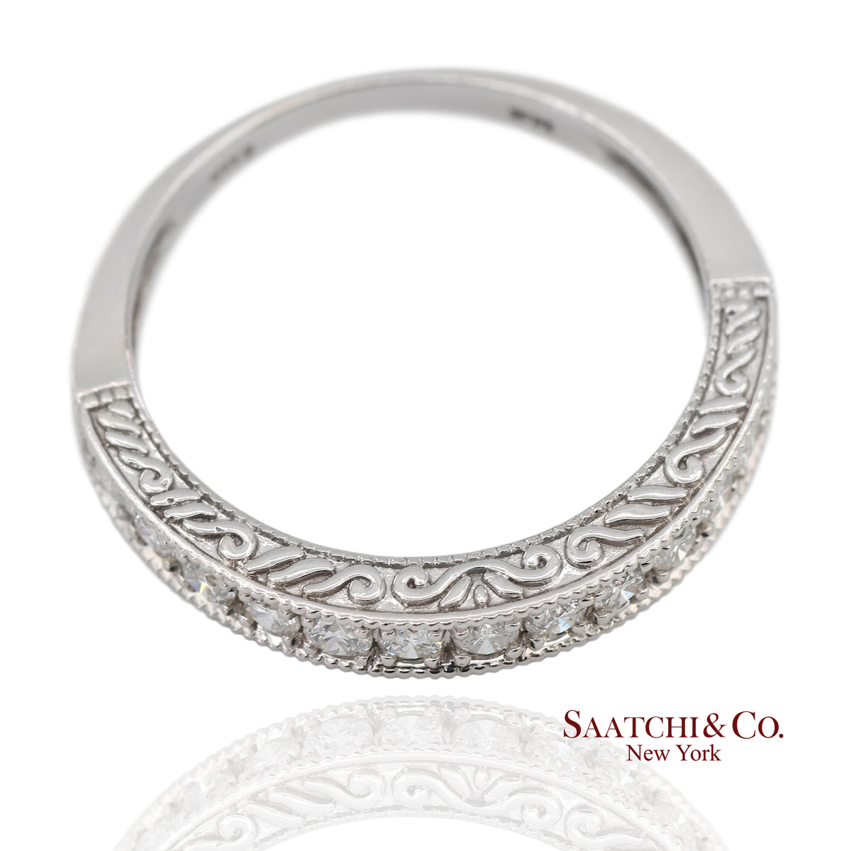 14K 585 Solid White Gold Engraved Milgrain Natural Diamond Band Ring