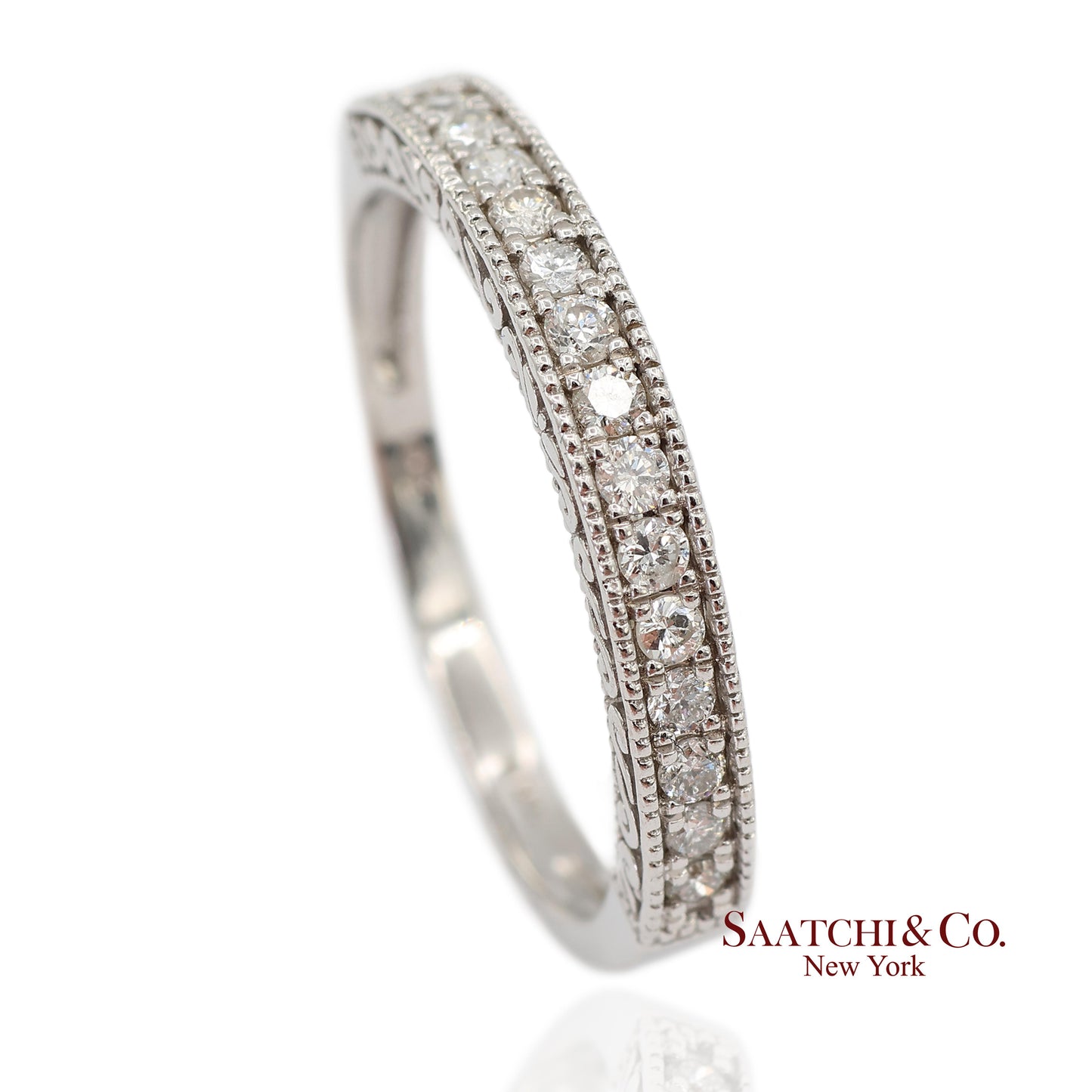 14K 585 Solid White Gold Side Engraving Milgrain Natural Diamond Band Ring