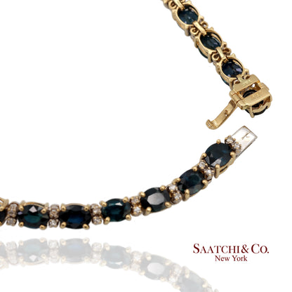 18K 750 Yellow Gold Natural Diamond and Blue Sapphire Tennis Bracelet