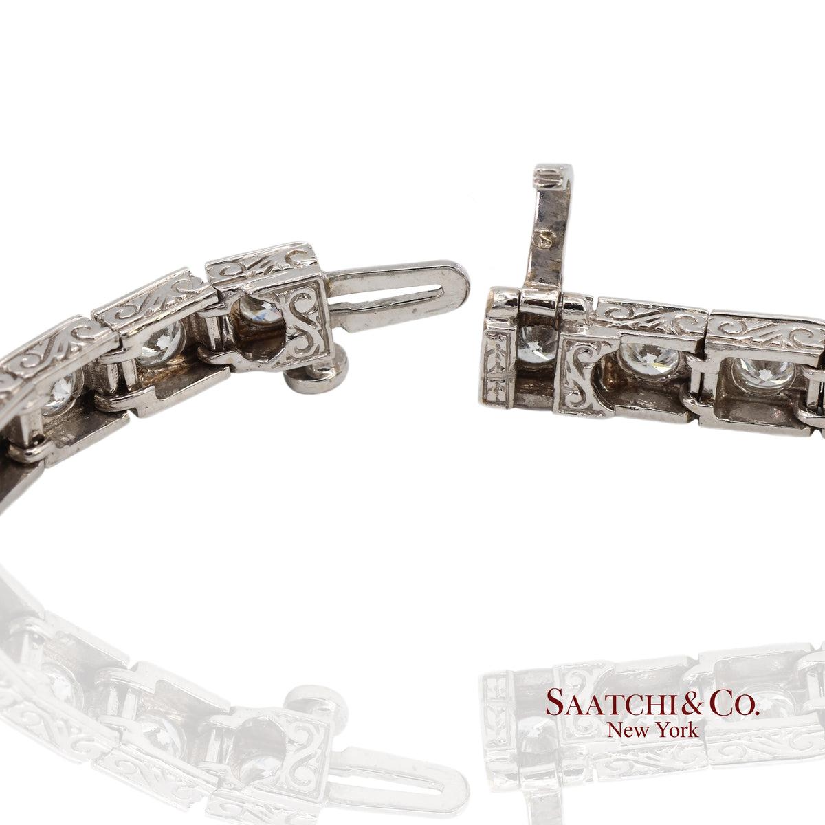 Vintage 18K 750 White Gold Natural Diamond Engraved & Milgrain Tennis Bracelet
