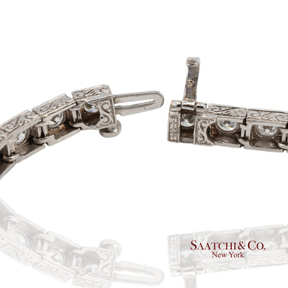 Vintage 18K 750 White Gold Natural Diamond Engraved & Milgrain Tennis Bracelet