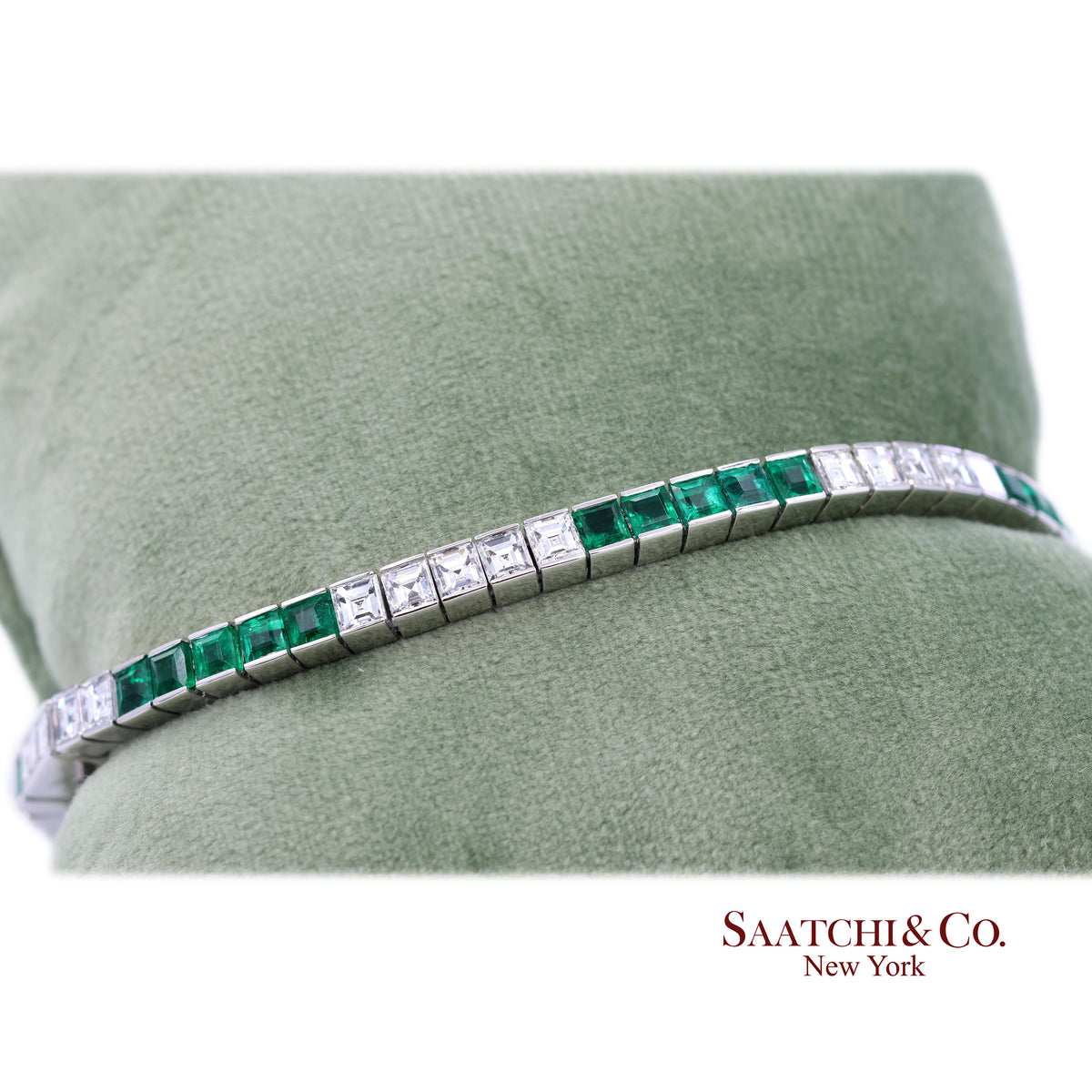 Platinum 950 Custom Made Natural Diamond and Emerald Bezel Tennis Bracelet