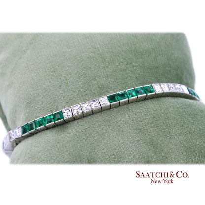 Platinum 950 Custom Made Natural Diamond and Emerald Bezel Tennis Bracelet