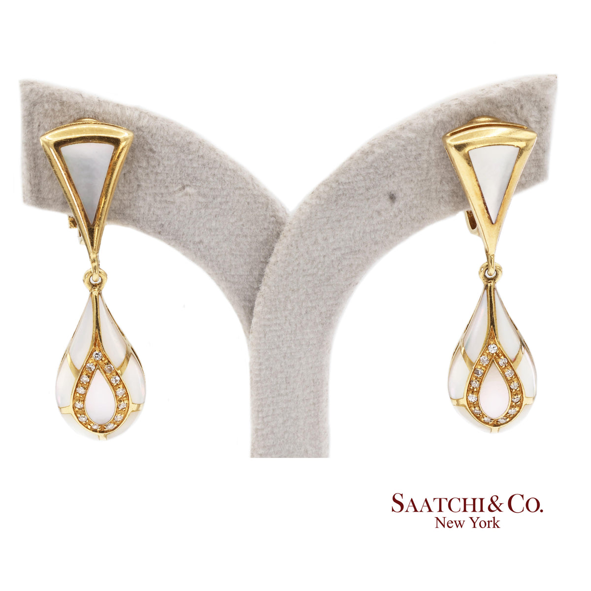 18K Yellow Gold 0.50 ct Natural Diamond and Mother of Pearl Omega Back Earrings