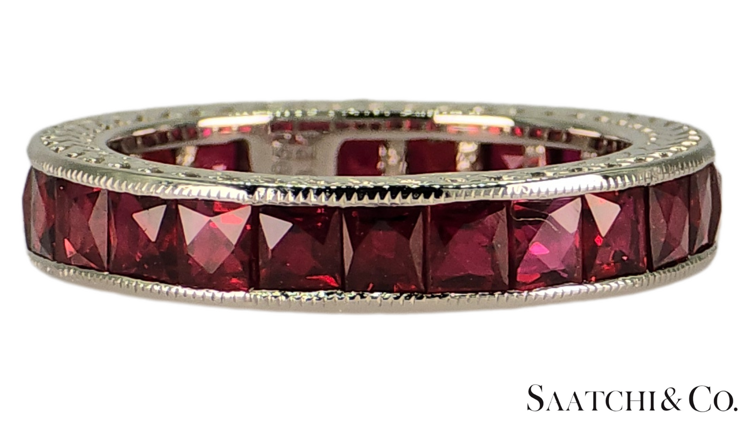 Stunning Platinum (950) Engraved Natural Ruby: Ring Band, Size 5.5