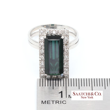 Pt 900 Natural Green Tourmaline and Natural Diamond Ring
