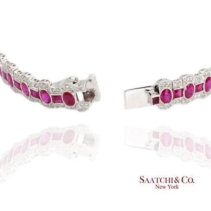 14K White Gold Natural Ruby Diamond Tennis Bracelet Milgrain Setting