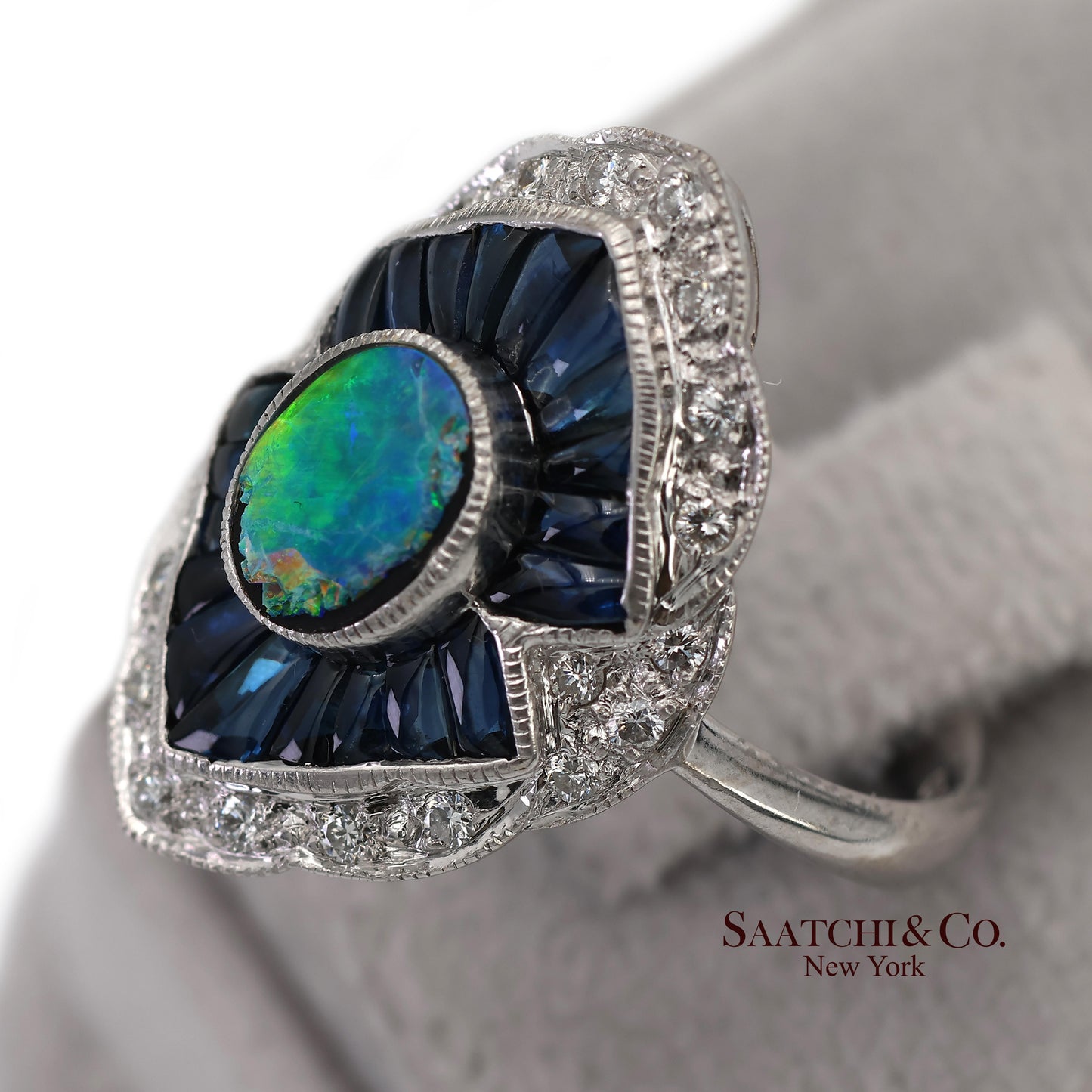 18K(750) Solid White Gold Natural Diamond Sapphire and Opal Ring