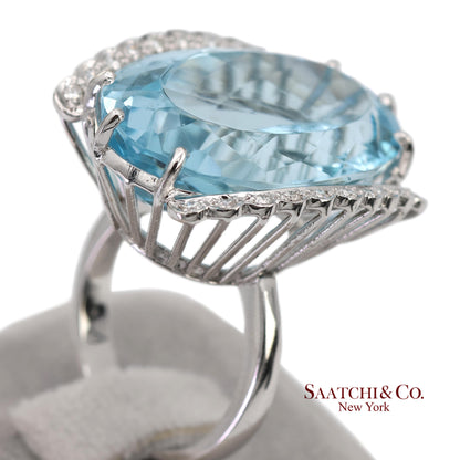 18K(750) Solid Vintage White Gold Natural Diamond and Blue Topaz Ring