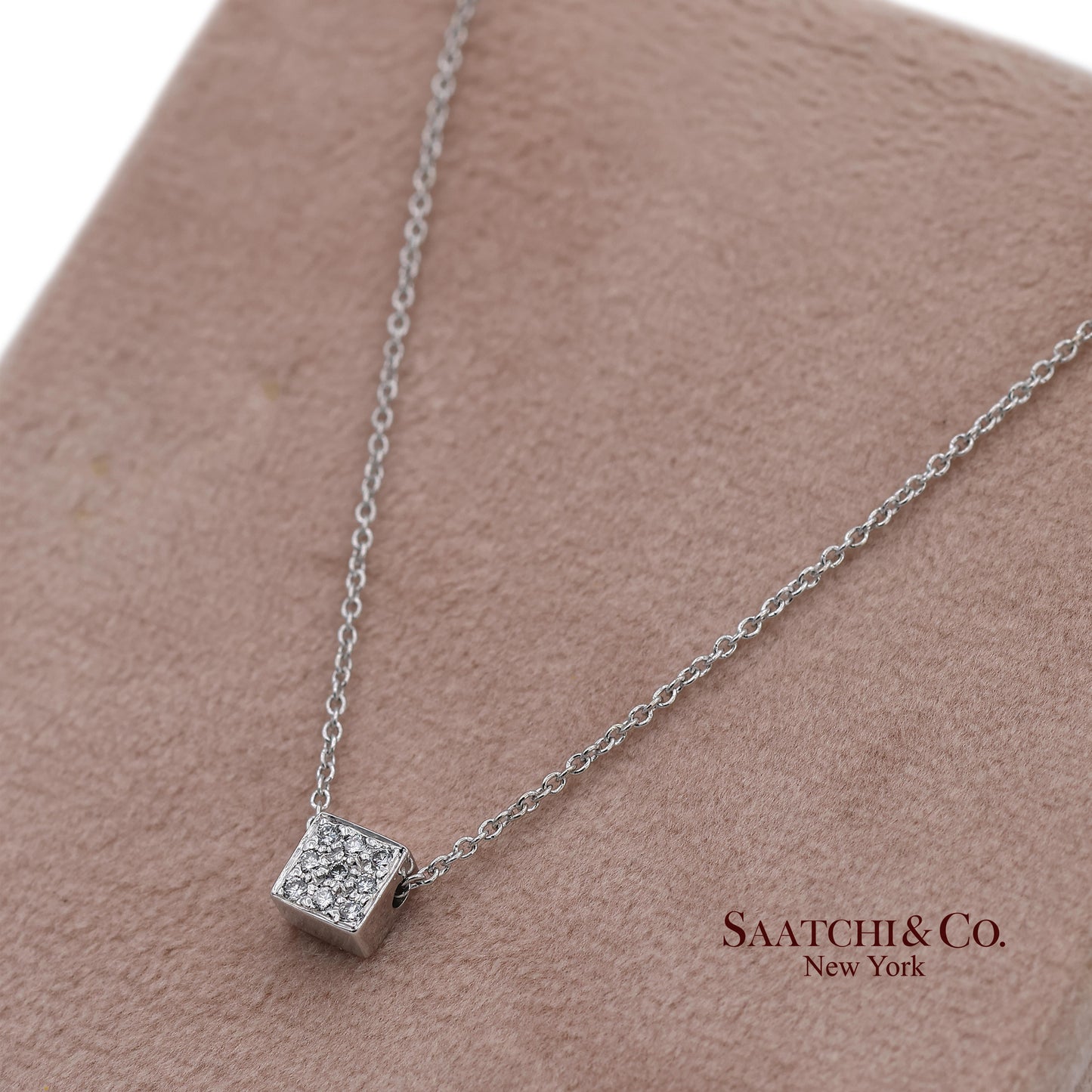 18K(750) White Gold Natural Diamond Square Box Shape Pendant Necklace with Chain
