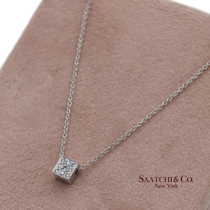 18K(750) White Gold Natural Diamond Square Box Shape Pendant Necklace with Chain
