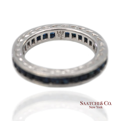 Vintage 14K (585) White Gold All Around Natural Sapphire Engraving Band Ring