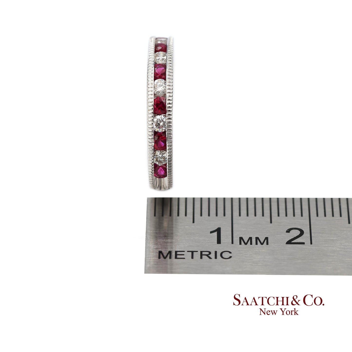 14K (585) Solid White Gold Natural Diamond and Ruby Half Band Ring