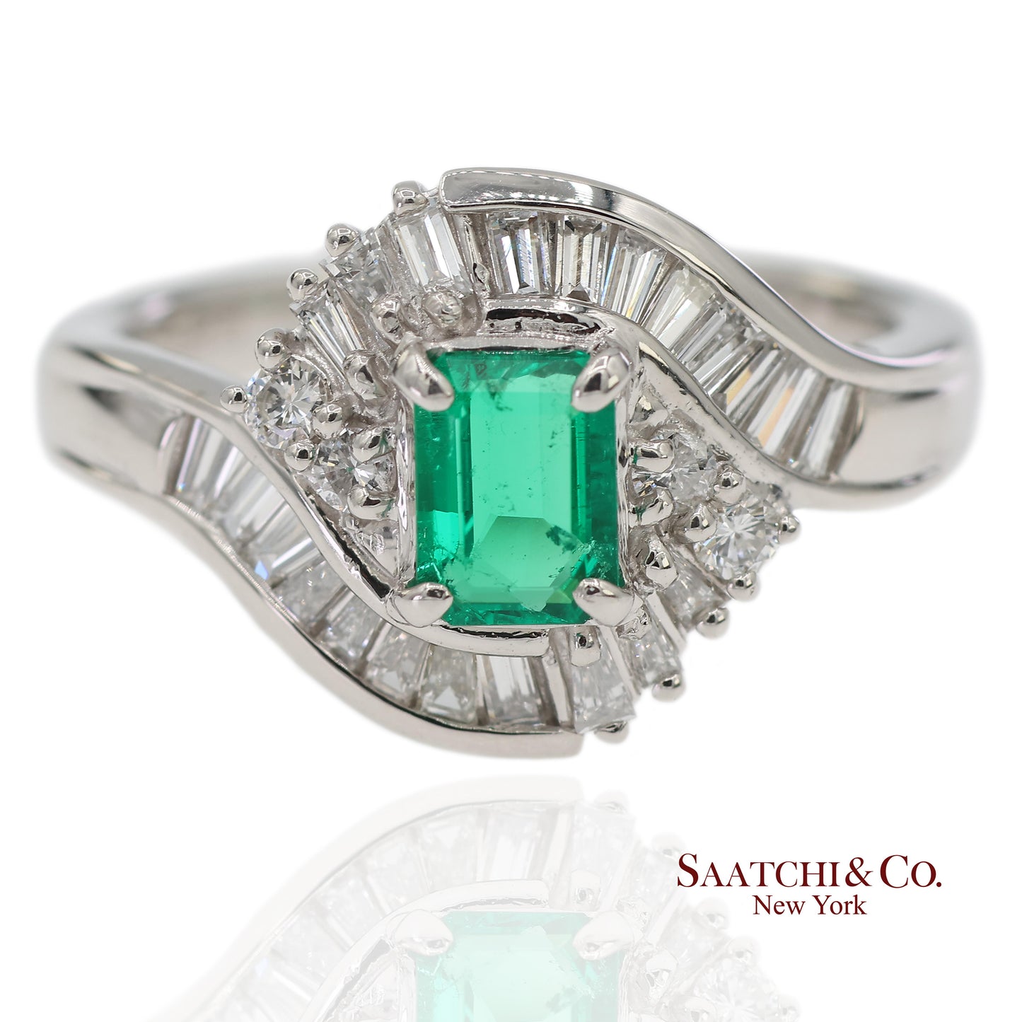 GIA Certified Solid Platinum 900 Natural Diamond and Natural Emerald Ring