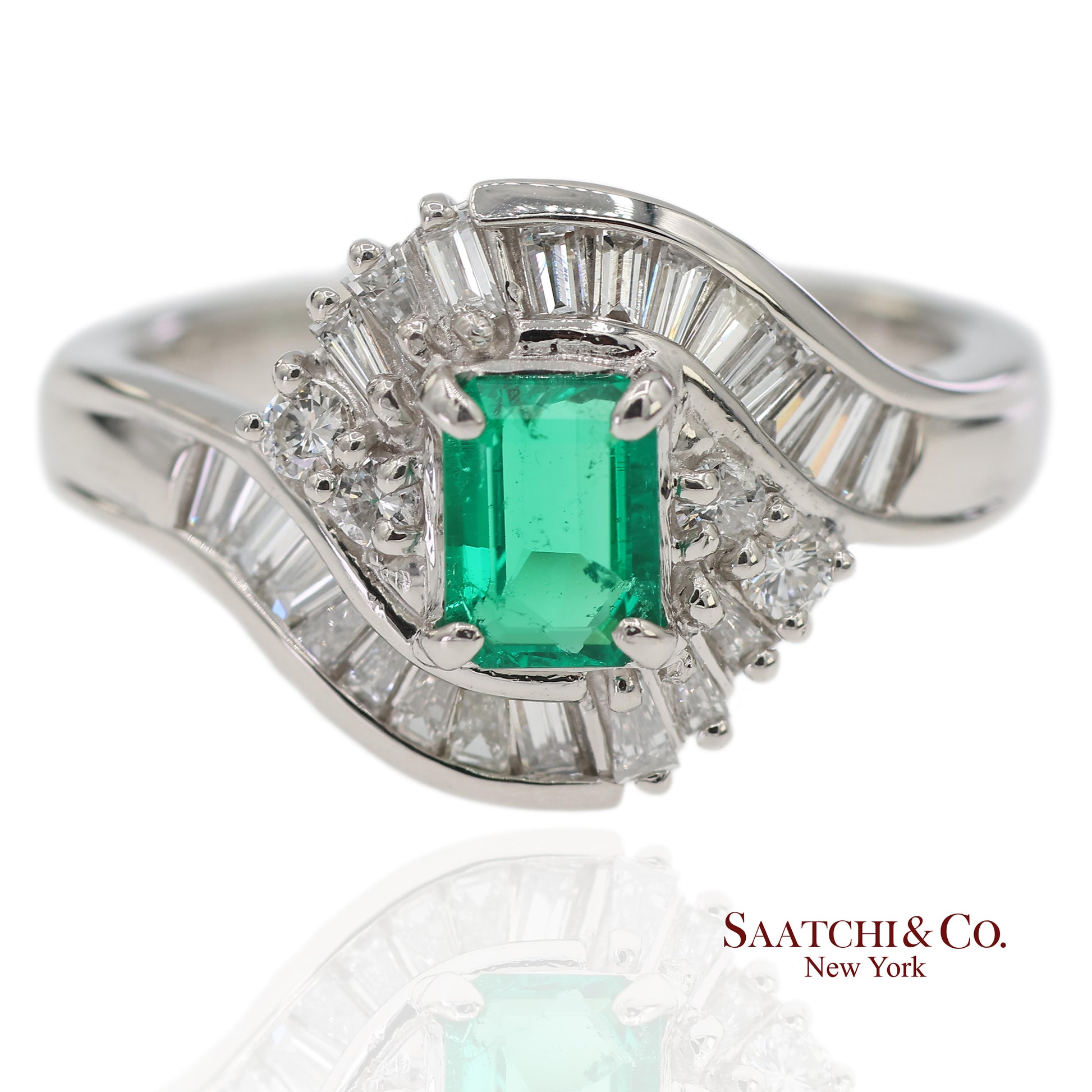GIA Certified Solid Platinum 900 Natural Diamond and Natural Emerald Ring