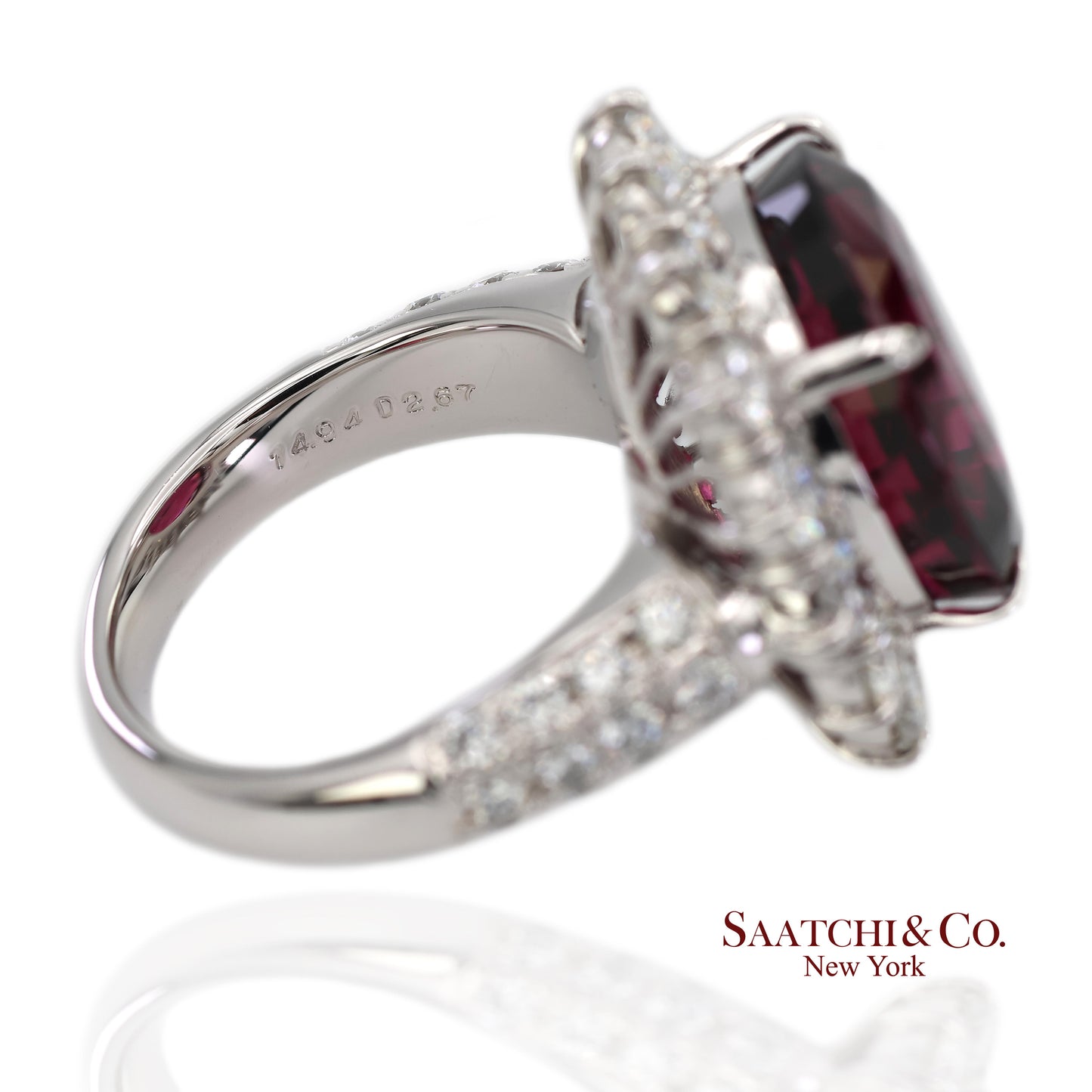 GIA Certified Solid Platinum 900 Natural Diamond and Natural Garnet Ring