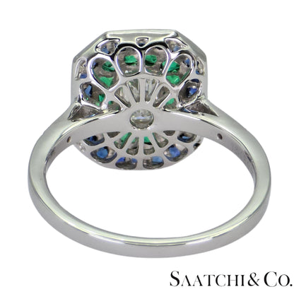GIA - 18K (750) Emerald Shape Natural Round VVS Diamond Sapphire Emerald Ring