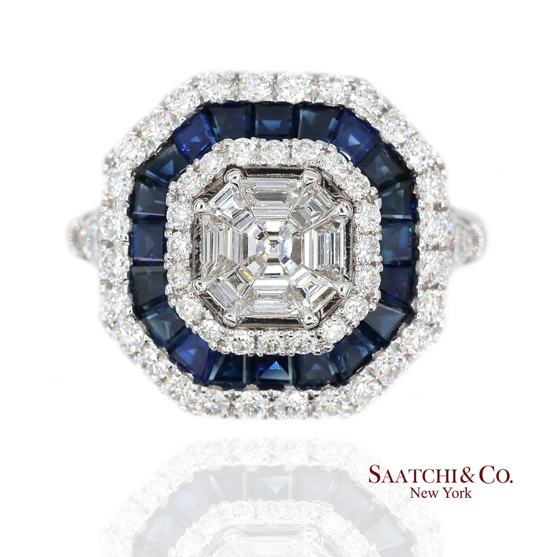18K(750) White Gold Royal Blue Sapphire and Asscher Pie Cut Natural Diamond Ring