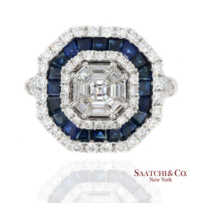 18K(750) White Gold Royal Blue Sapphire and Asscher Pie Cut Natural Diamond Ring