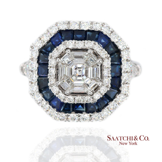 18K(750) White Gold Royal Blue Sapphire and Asscher Pie Cut Natural Diamond Ring
