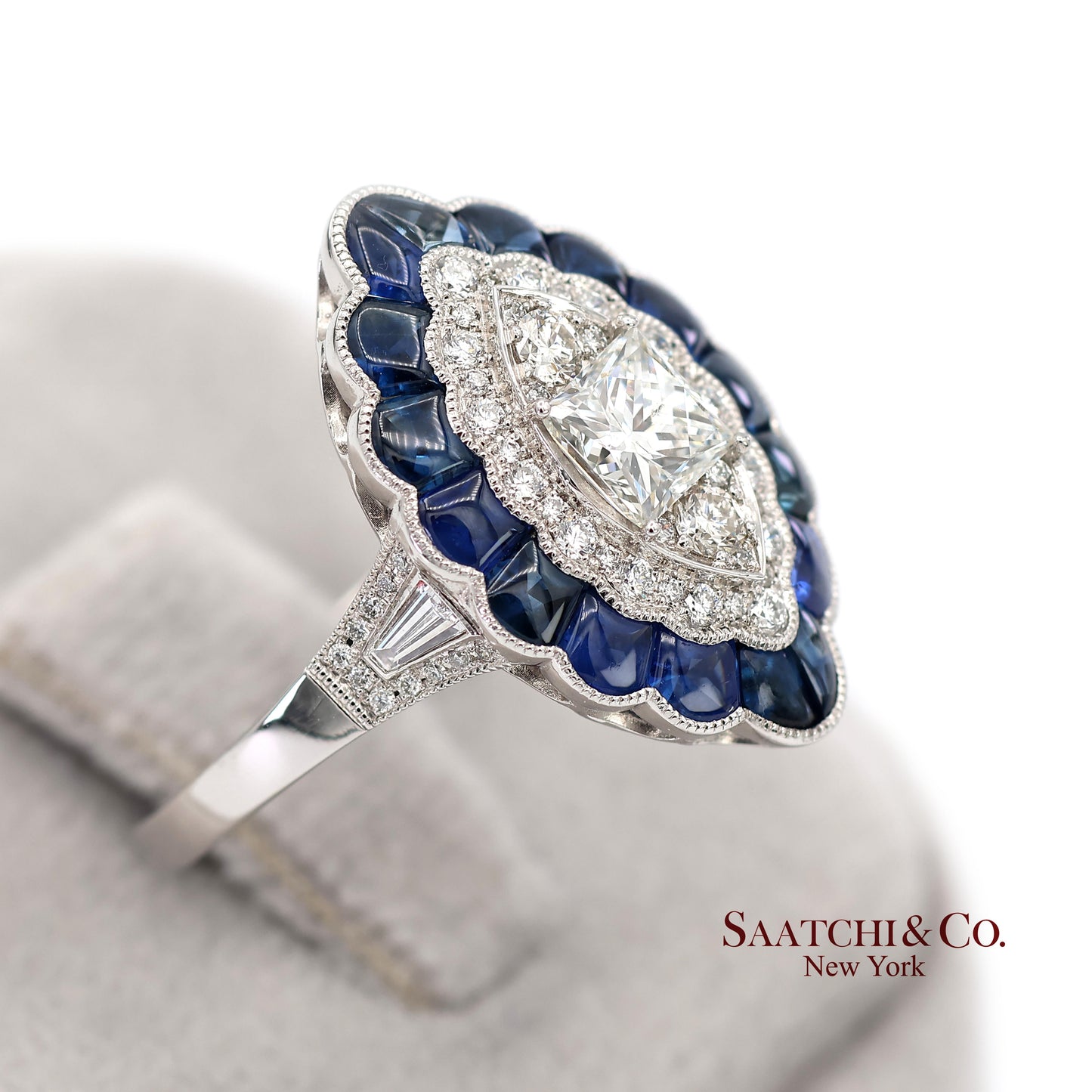 Platinum (950) Natural Diamond and Natural Sapphire Milgrain Ring