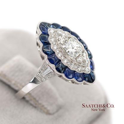 Platinum (950) Natural Diamond and Natural Sapphire Milgrain Ring