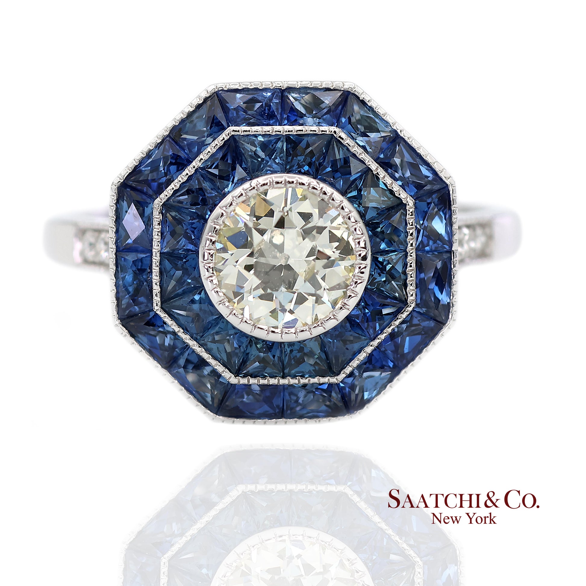 Platinum 950 Natural Diamond and Natural Sapphire Milgrain Ring