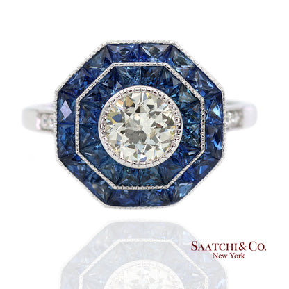 Platinum 950 Natural Diamond and Natural Sapphire Milgrain Ring