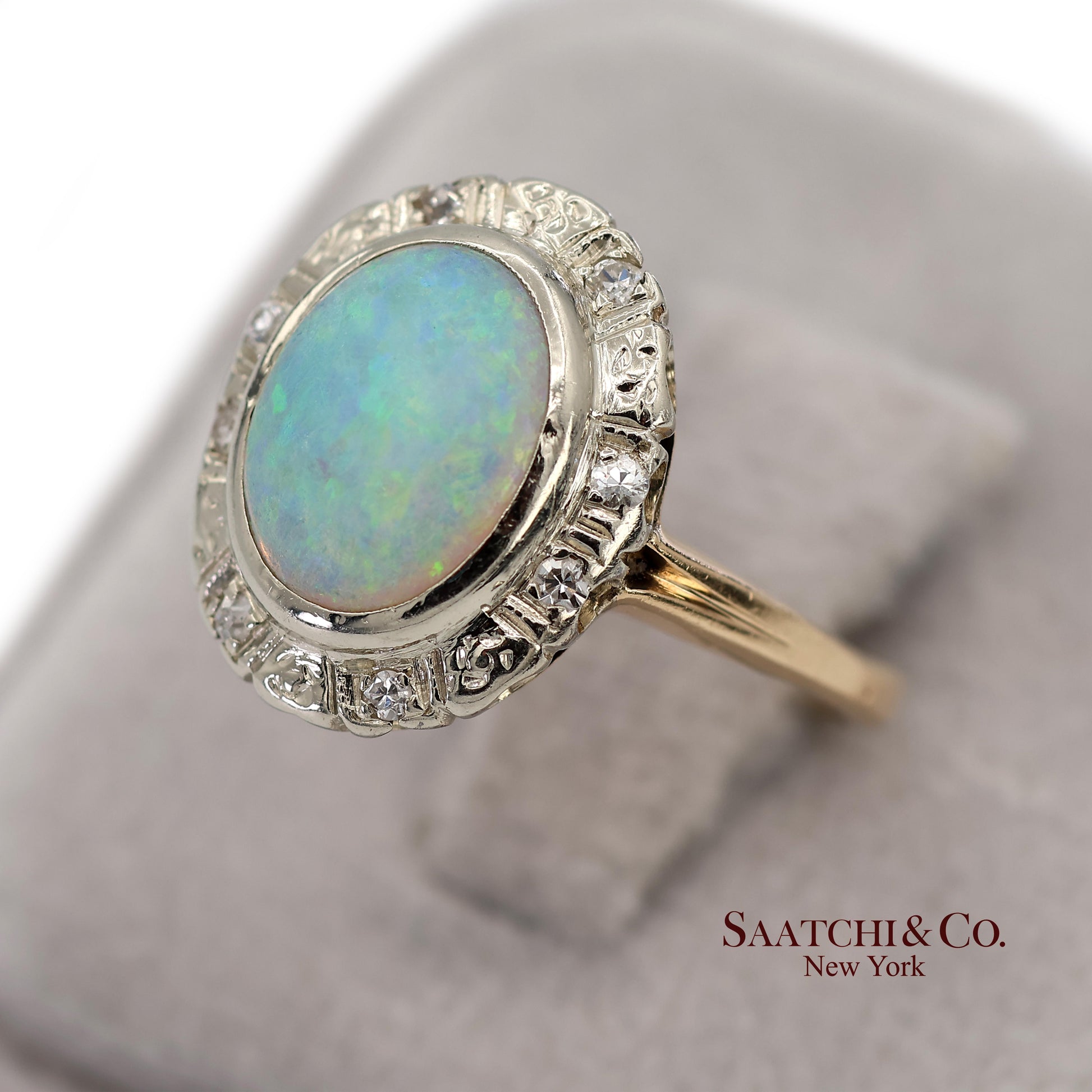 14K White and Yellow Gold Vintage Natural Diamond and Natural Opal Ring