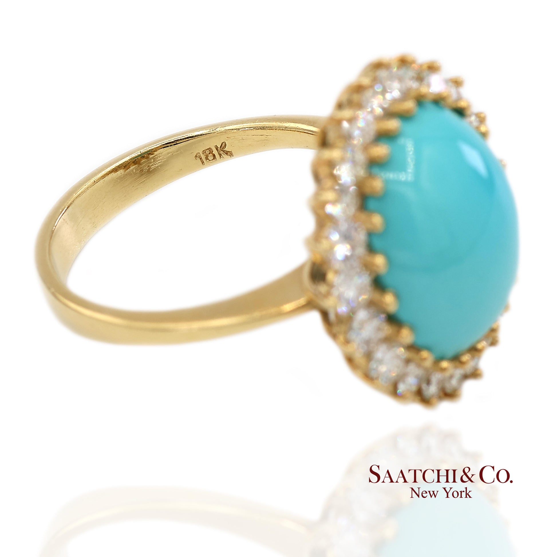 18K Yellow Gold Turquoise  Natural Diamond Halo Ring