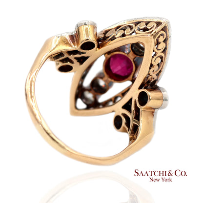 Vintage 14K(585) Yellow and White Gold Natural Diamond and Ruby Ring