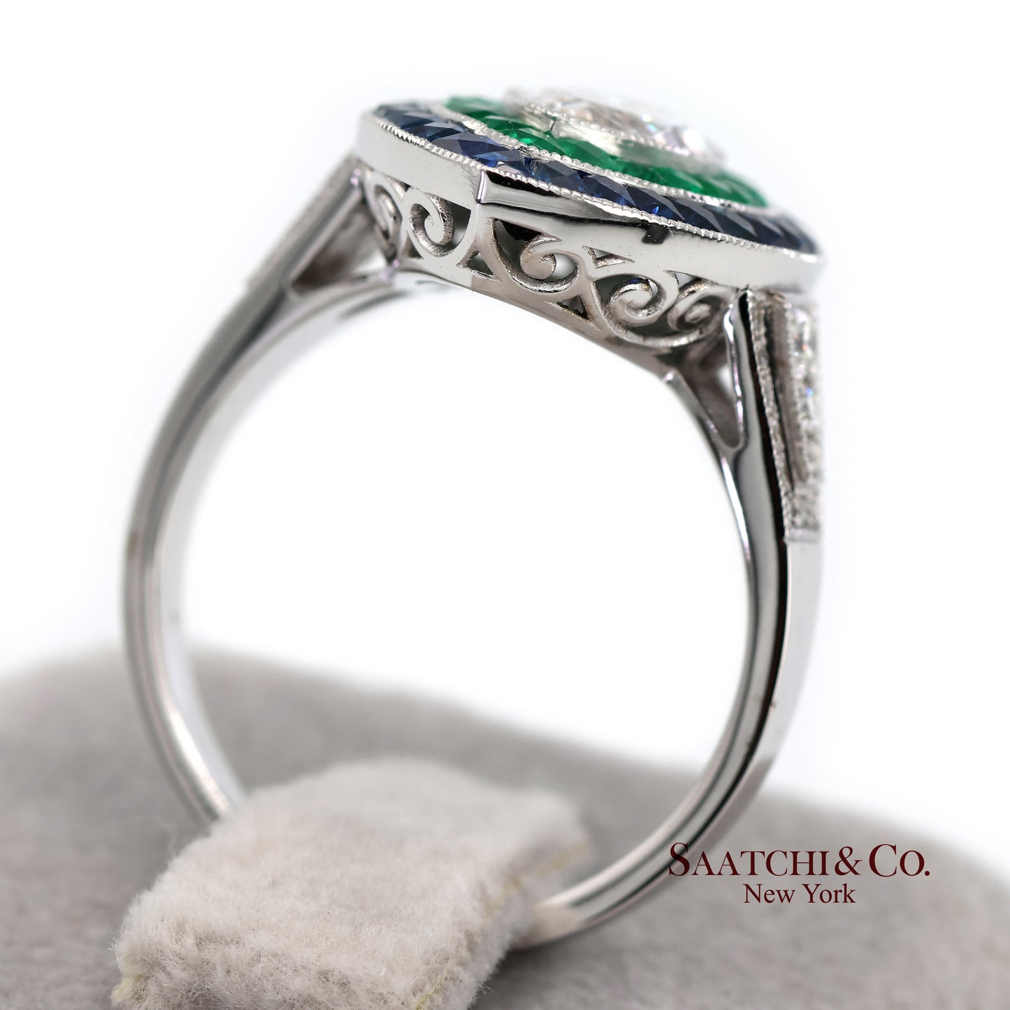GIA_18K 750 Solid White Gold Natural Diamond Emerald and Sapphire Milgrain Ring